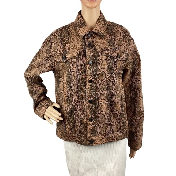 Free People Denim Trucker Jacket Size S Snake Print Brown - Picture 1 of 7